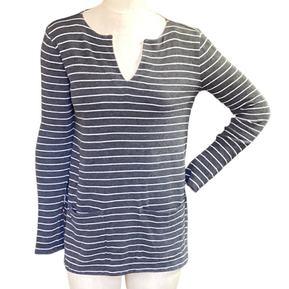 Ann Taylor Loft Striped Split Neck Cotton Knit Pocket Tunic Top S Gray 143E